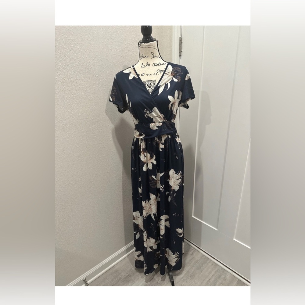 Ouges Floral Wrap Maxi Dress in Navy and Cream